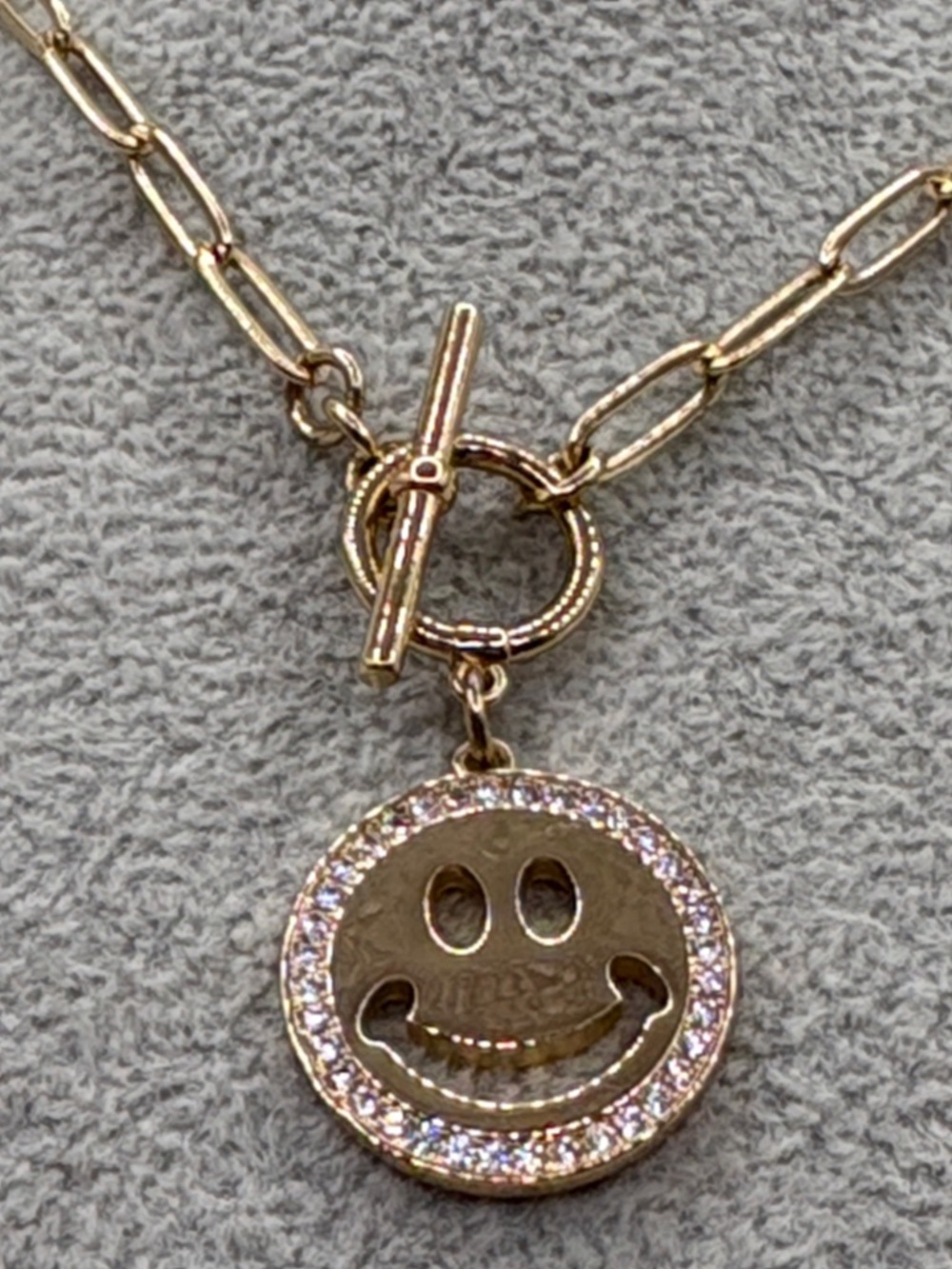 Gold Smiley Face Pendant Necklace - Gold Toggle Paperclip 18” - Picture 3 of 9